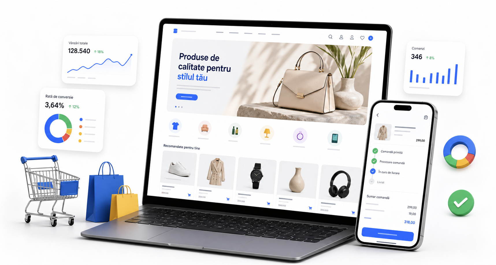 Magazin online modern afisat pe laptop si telefon